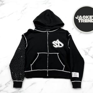 Rhinestone Sleeve Zip Hoodie | Black Graphic Streetwear Sweatshirt | Sparkle Letter Print Jacket | Y2K Harajuku Zipper Outerwear
