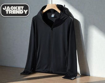 メンズ軽量フード付きジャケット | ハイキング速乾アウトドアレイヤー | 釣り＆サイクリングサマーウェア | ジッパー付き通気性薄手コート