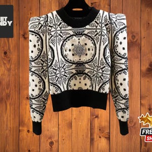 Boho Knit Sweater with Pearl Details | Black & White Vintage Pullover | Cozy Winter Style | Chic Fashion Statement | Unique Casual Top