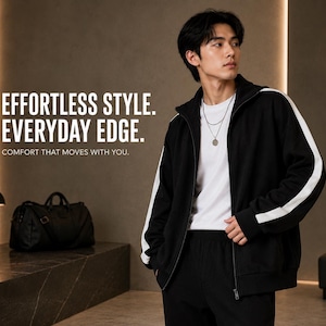 May include: A black zip-up jacket with white stripes along the sleeves, worn over a plain white t-shirt. The text "EFFORTLESS STYLE. EVERYDAY EDGE. COMFORT THAT MOVES WITH YOU." is displayed on the left side of the image.