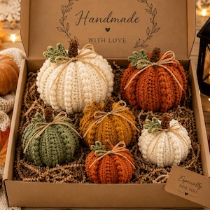 May include: A set of six crocheted pumpkins in cream, orange, mustard, and olive green, arranged in a cardboard box labeled Handmade WITH LOVE. Each pumpkin features a textured surface, a brown stem, a small green leaf, and a tied twine bow.