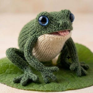 May include: A knitted frog figurine featuring a dark green textured body, a cream-colored underbelly, and large, glossy blue eyes. The frog has a small pink tongue protruding from its mouth and is positioned on a green leaf-shaped base.