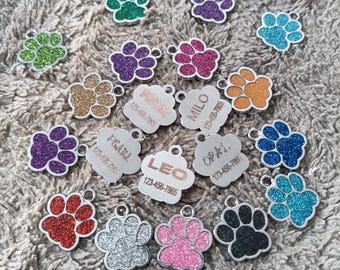 Engraved Glitter Paw Print Dog Tag: Custom Pet ID Collar Charm