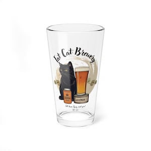 Fat Cat Brewery clear glass 16 oz drinking glass, Beer Glass