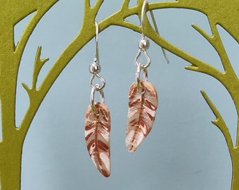 White & golden angel bird feathers polymer clay sterling silver earrings OOAK