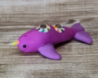 Miniature purple narwhal with rainbows and rhinestones handmade polymer clay figurine OOAK