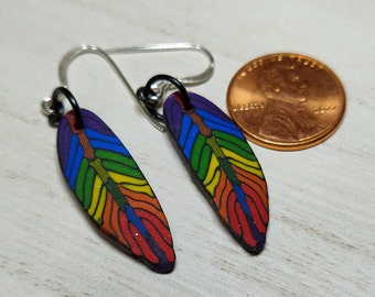 Rainbow Gay Pride handmade feather earrings polymer clay sterling silver earrings LGBTQIA+