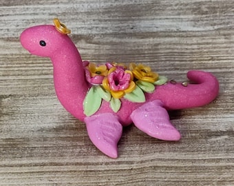 Pink miniature cute floral Nessie lake monster figurine OOAK dinosaur