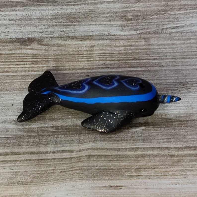 Miniature deep blue & black narwhal with hearts handmade polymer clay figurine image 3