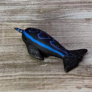 Miniature deep blue & black narwhal with hearts handmade polymer clay figurine image 1