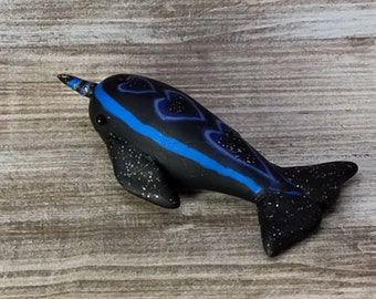 Miniature deep blue & black narwhal with hearts handmade polymer clay figurine