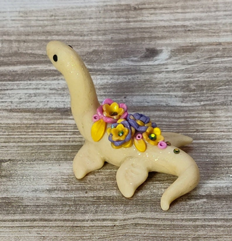 Ivory colored miniature pastel floral Nessie lake monster dinosaur figurine image 5