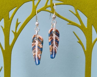 Blue white & golden bird feathers polymer clay sterling silver earrings OOAK