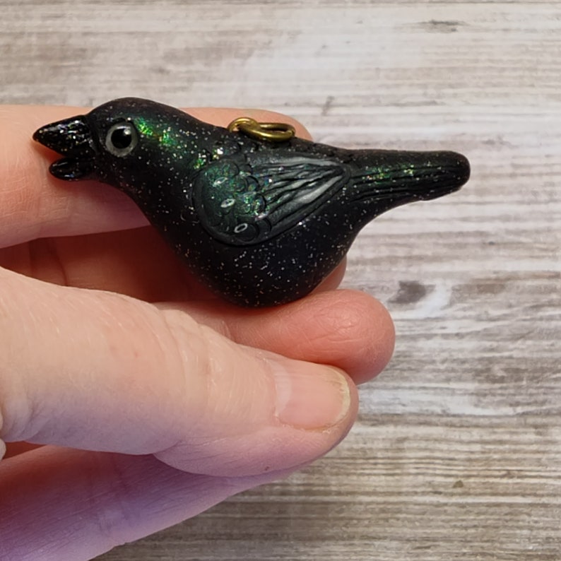 Hand sculpted chonky Raven Crow rattle miniature polymer clay bird sculpture OOAK image 6