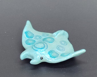 Miniature manta ray turquoise green spotted handmade polymer clay figurine