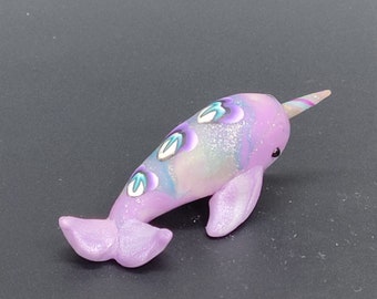 Miniature narwhal with lavender swirls and heart spots handmade polymer clay figurine
