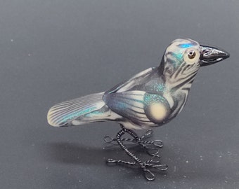 Handmade Iridescent Black & White Raven Glow Crow miniature polymer clay bird sculpture OOAK