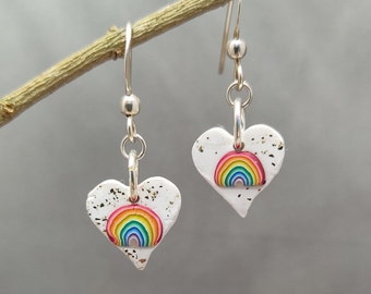 Handmade rainbow white with gold flecks heart earrings polymer clay sterling silver LGBTQIA+