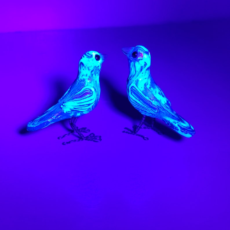 Standing pair of swirled glow in the dark birds polymer clay miniature hand sculpted figurines image 8