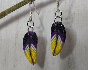 Non-binary Pride handmade feather earrings polymer clay sterling silver earrings  LGBTQIA+