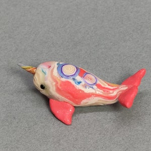 Miniature narwhal in candy colored swirls handmade polymer clay figurine image 1