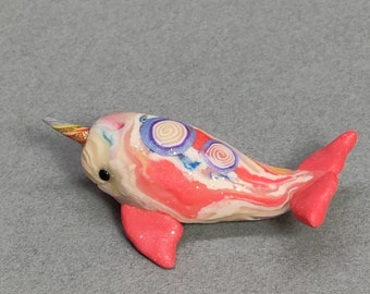 Miniature narwhal in candy colored swirls handmade polymer clay figurine