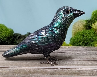 Handmade Iridescent Black Raven crow miniature polymer clay bird sculpture OOAK