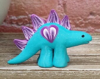 sky blue and purple hearts sparkle miniature cute kawaii stegosaurus figurine OOAK dinosaur