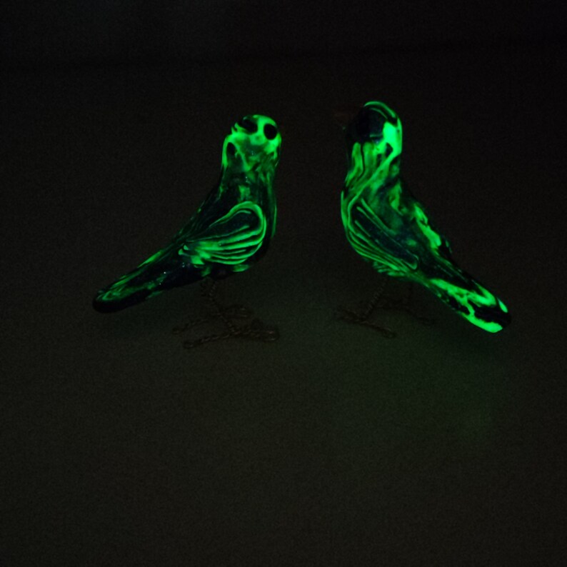 Standing pair of swirled glow in the dark birds polymer clay miniature hand sculpted figurines image 3