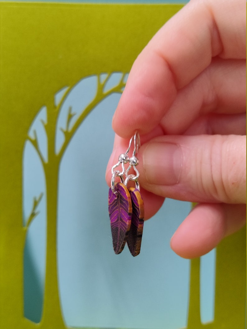 Purple & black bird feathers polymer clay sterling silver earrings OOAK image 3