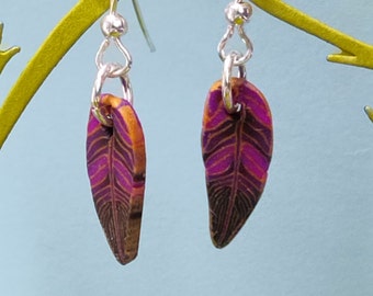 Purple & black bird feathers polymer clay sterling silver earrings OOAK