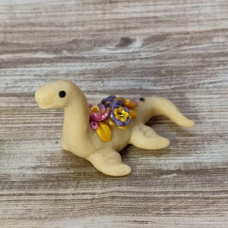 Ivory colored miniature pastel floral Nessie lake monster dinosaur figurine image 4