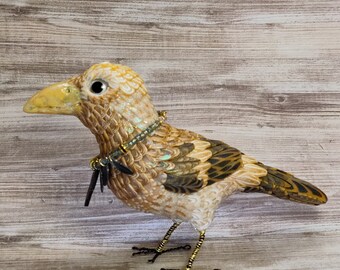 Leucistic albino raven crow hand sculpted polymer clay bird in white & gold