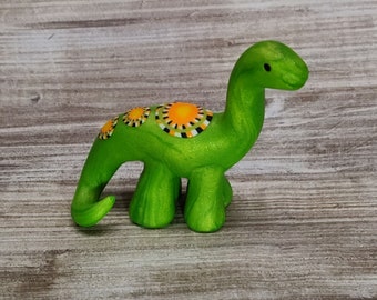 Bright green miniature orange spotted brontosaurus cute kawaii figurine OOAK dinosaur