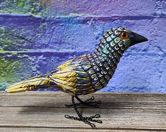 One of a kind hand sculpted Non-binary Enby Pride feathered raven polymer clay bird sculpture