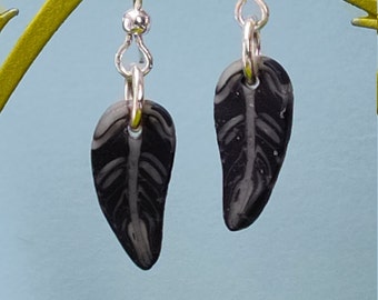 Crow raven feathers polymer clay sterling silver earrings OOAK