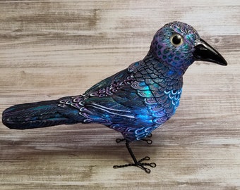 Colorful Glow Crow hand sculpted polymer clay bird in purple, black, teal