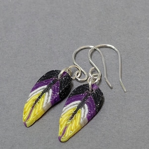 Non-binary Pride handmade feather earrings polymer clay sterling silver earrings  LGBTQIA+