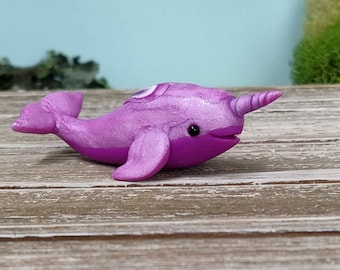 Pearly lavender purple heart spotted Narwhal miniature handmade polymer clay figurine OOAK