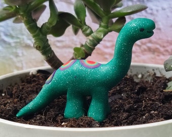 Teal green sparkly miniature spotted brontosaurus cute kawaii figurine OOAK dinosaur