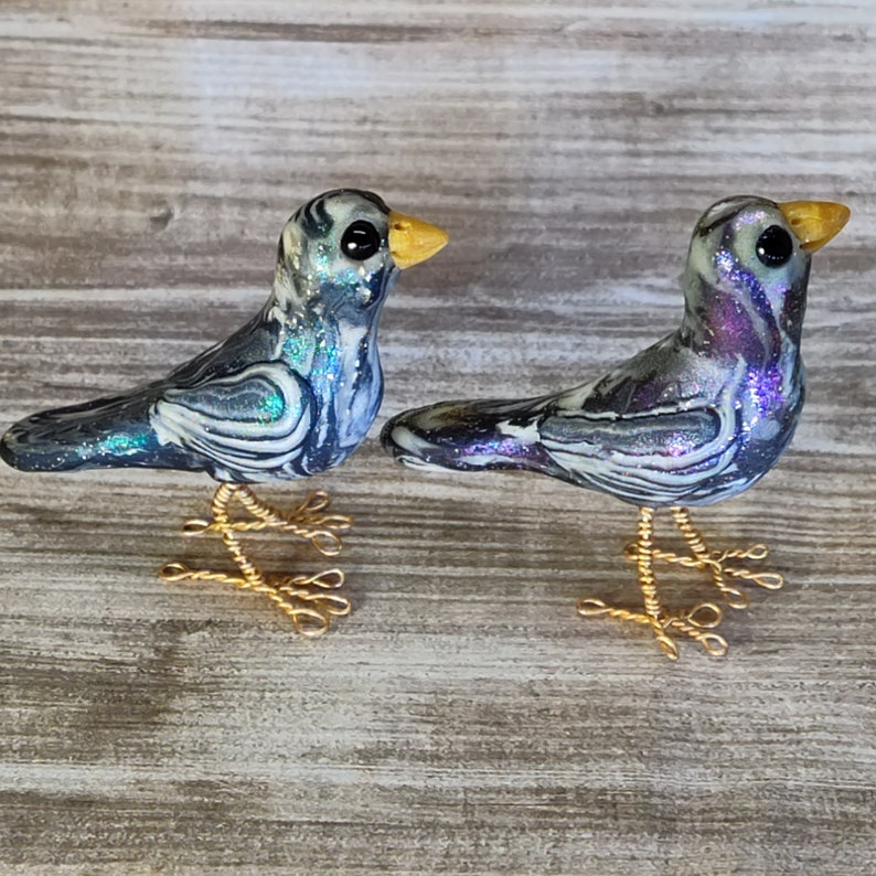 Standing pair of swirled glow in the dark birds polymer clay miniature hand sculpted figurines image 2
