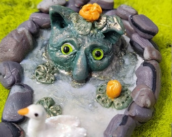 Fairy pond monster watching a swan polymer clay fantasy figurine OOAK