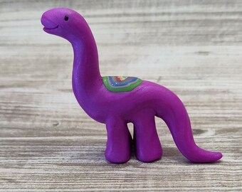 Bright purple miniature rainbow heart brontosaurus cute kawaii figurine OOAK dinosaur