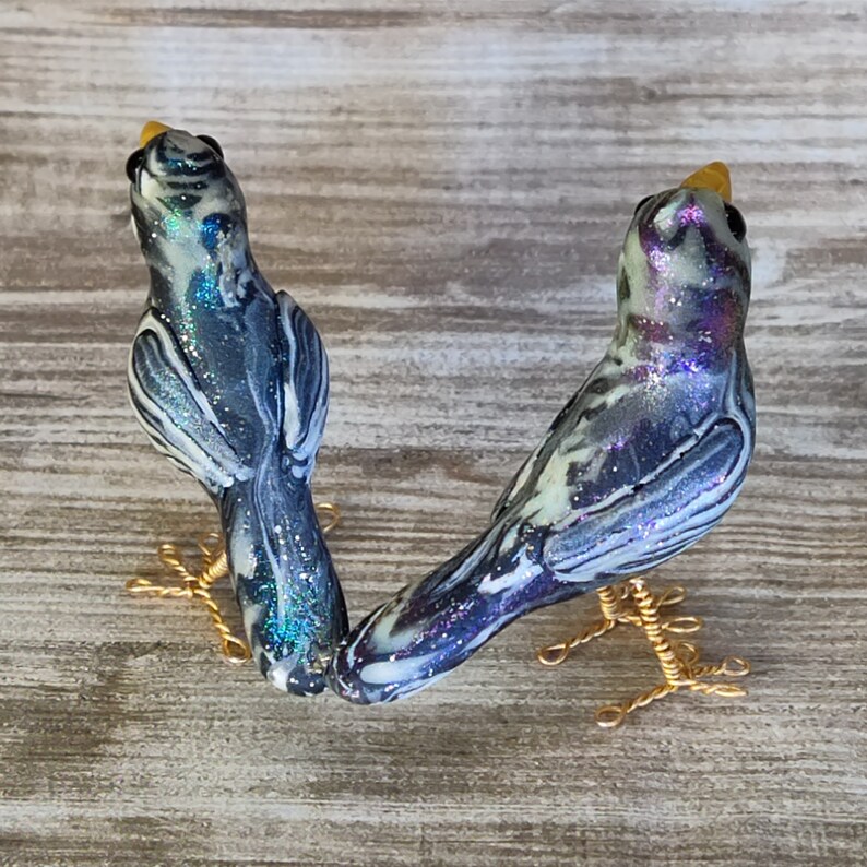 Standing pair of swirled glow in the dark birds polymer clay miniature hand sculpted figurines image 6