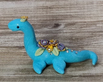 Light blue  miniature pastel floral Nessie lake monster dinosaur figurine