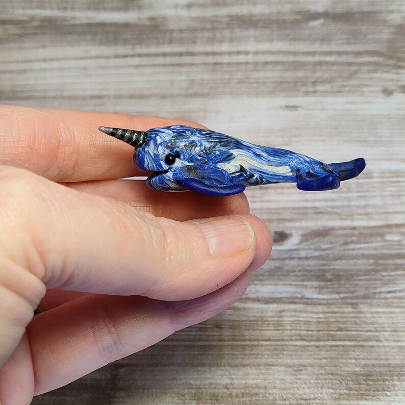 Miniature narwhal in black white & blue handmade polymer clay figurine image 5