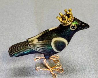 Handmade Iridescent Black Raven Crow miniature polymer clay bird sculpture OOAK