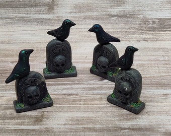 Raven Crow on a tombstone polymer clay miniature hand sculpted Halloween fairy garden decor