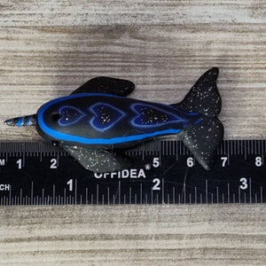 Miniature deep blue & black narwhal with hearts handmade polymer clay figurine image 5