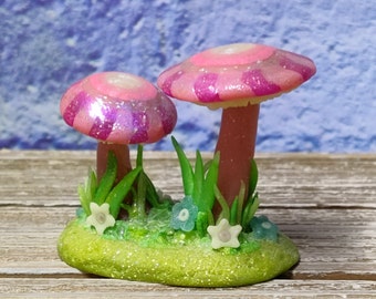 Fairy Ring pink and fuschia striped glow in the dark Mushroom duo polymer clay figurine OOAK